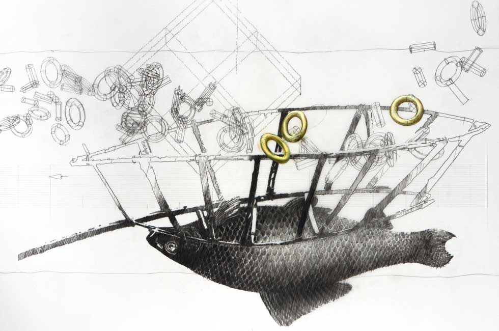 Schiff und Fisch, Bleistiftzeichnung auf Folie, 100x70